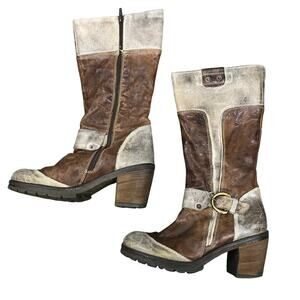 MANAS DESIGN Womens two-tone Brown Leather Chunky Heel Moto Boots 40